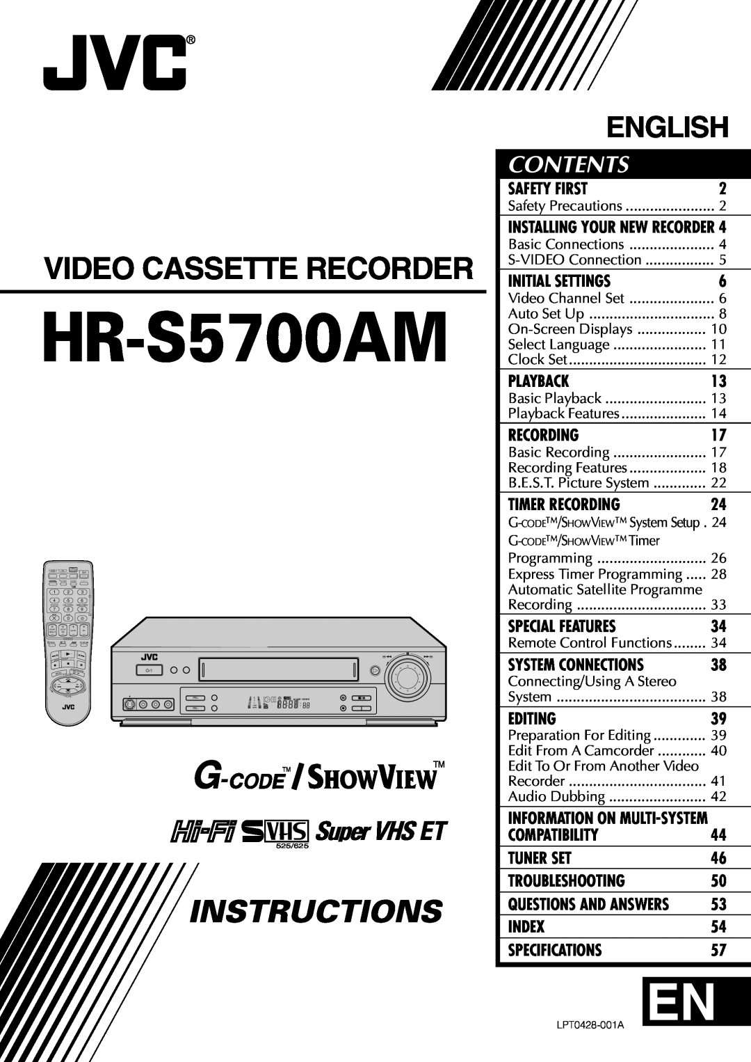 JVC LPT0428-001A specifications HR-S5700AM, Video Cassette Recorder, Instructions, English, Contents 