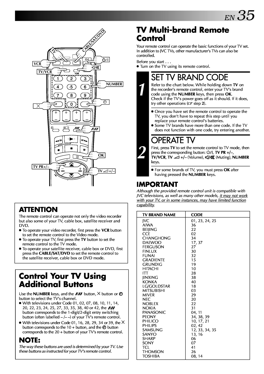 JVC LPT0428-001A, HR-S5700AM specifications EN35, Set Tv Brand Code, Operate Tv, TV Multi-brand Remote Control 