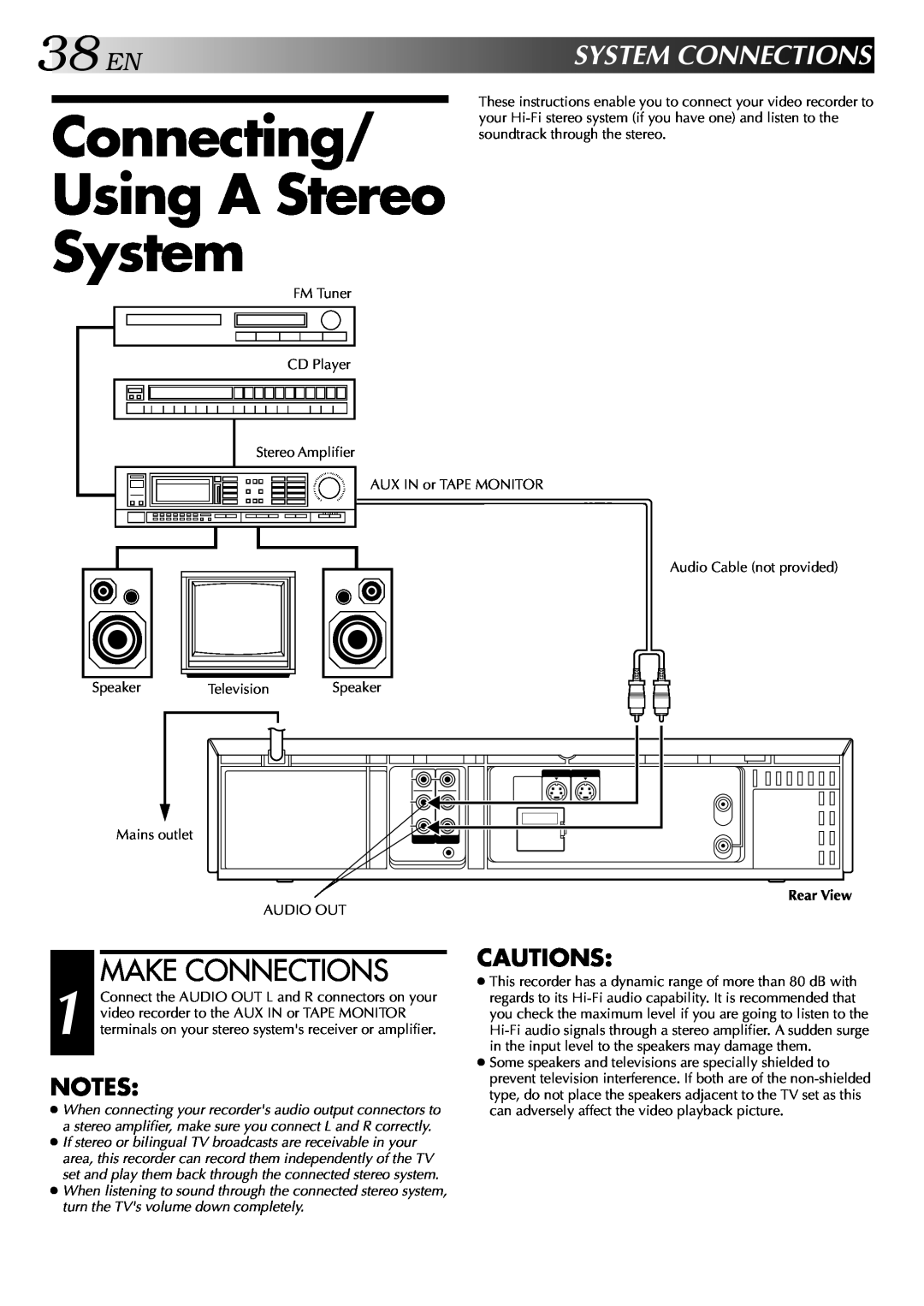 JVC HR-S5700AM, LPT0428-001A Connecting Using A Stereo System, 38EN, Make Connections, Systemconnections, Cautions 