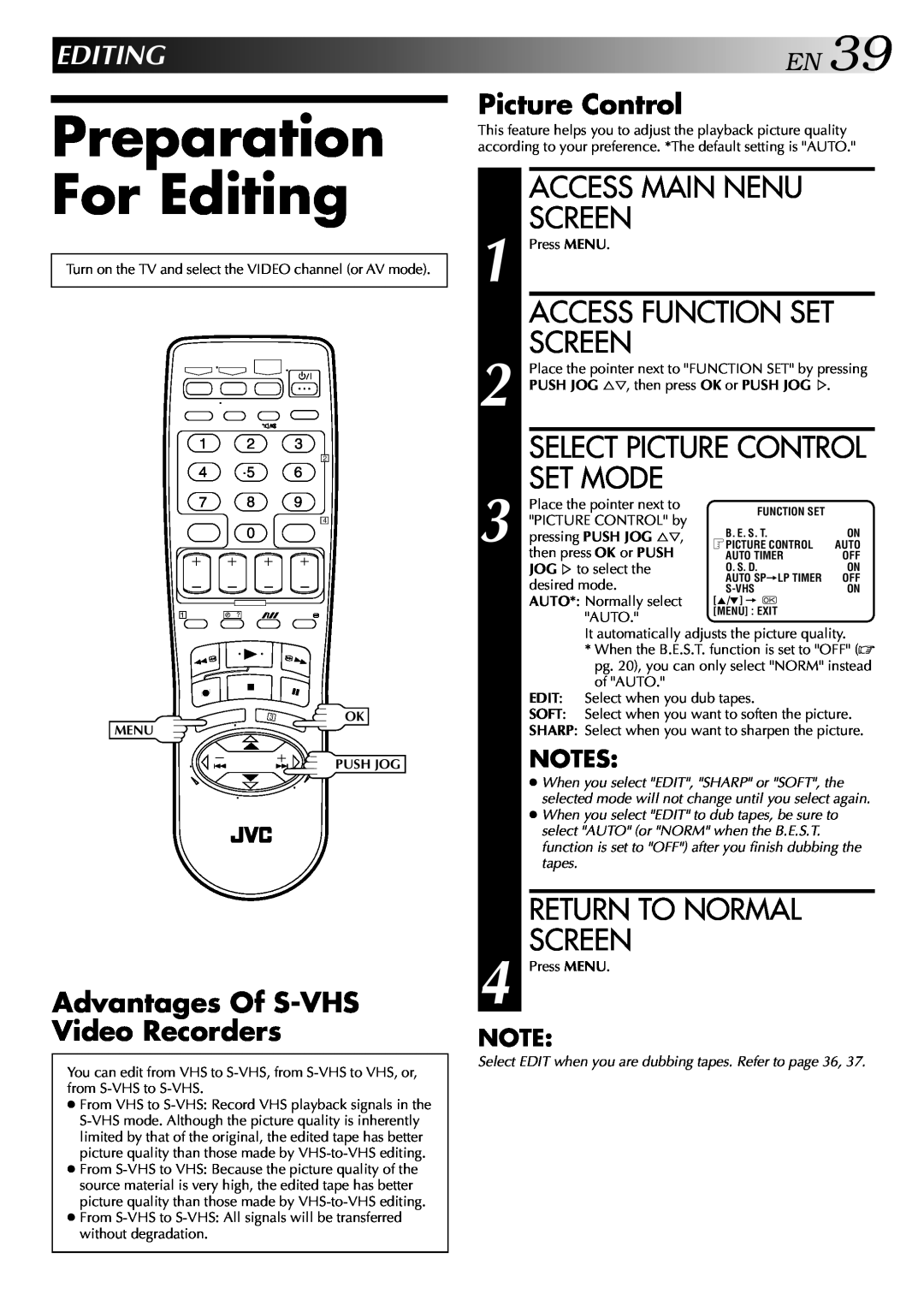 JVC LPT0428-001A Preparation For Editing, EN39, Access Main Nenu, Set Mode, Advantages Of S-VHS Video Recorders, Screen 