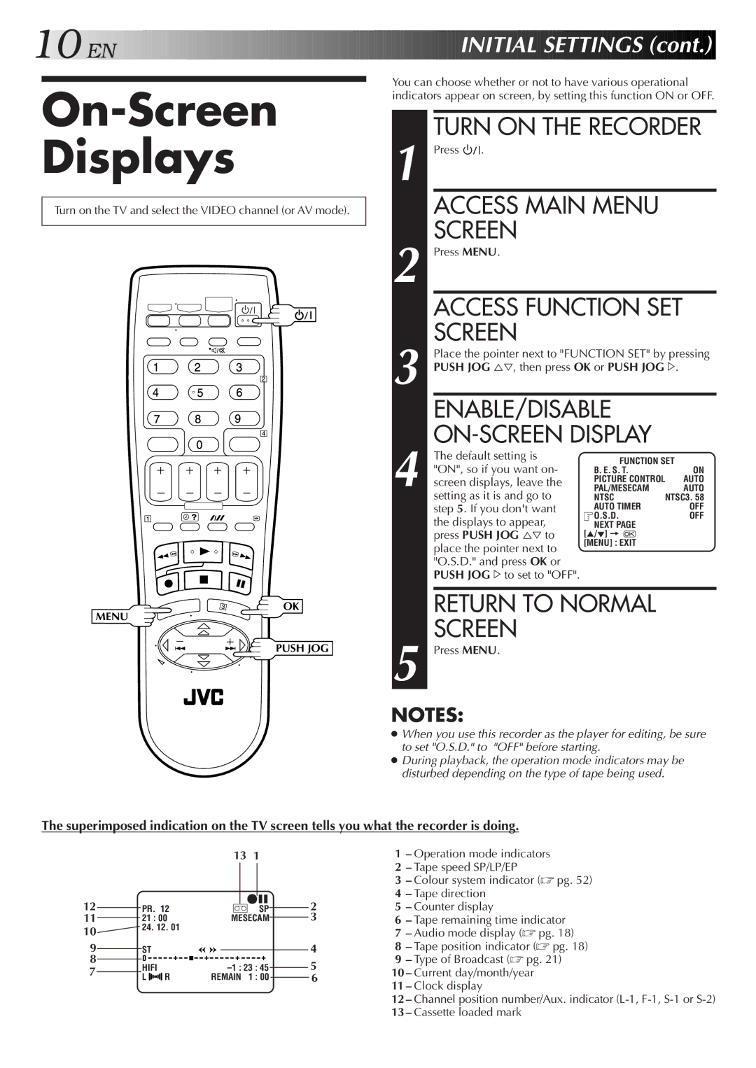 JVC LPT0598-001A, HR-S5800AM On-Screen Displays, Turn on the Recorder, Access Main Menu Screen, Enable/Disable 