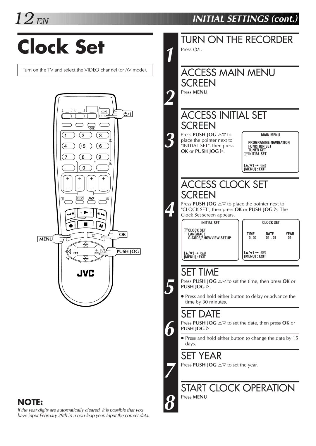 JVC HR-S5800AM, LPT0598-001A Clock Set, Access Clock SET Screen, Start Clock Operation, Place the pointer next to 