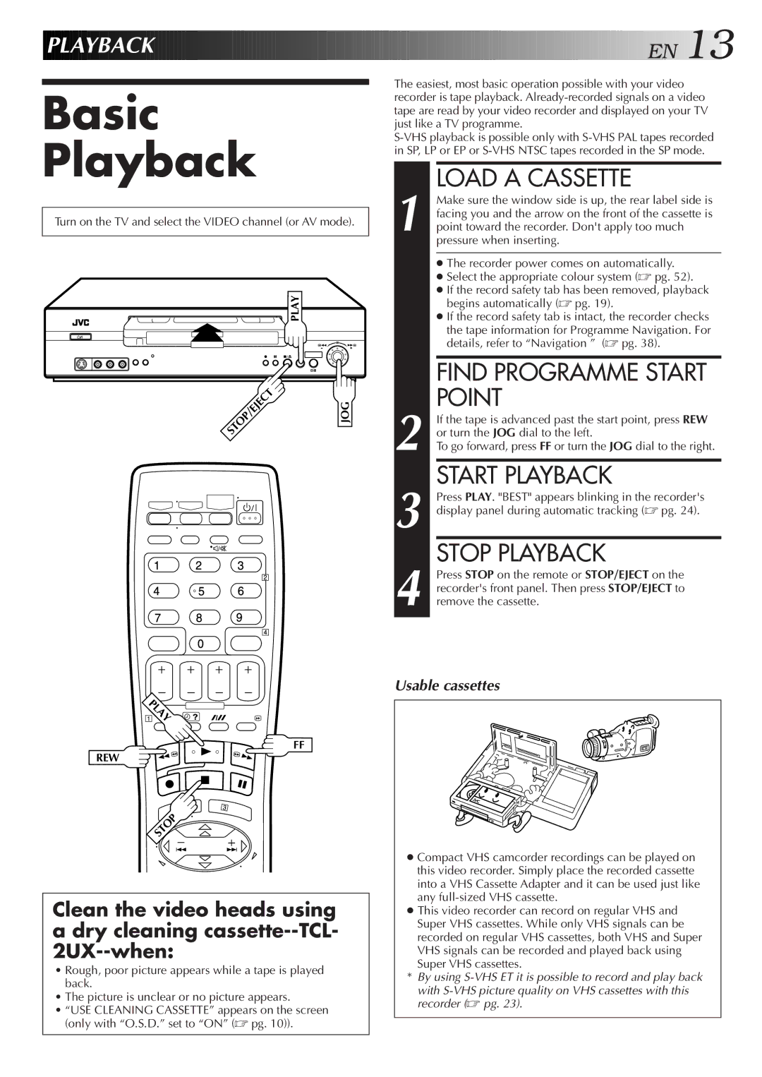 JVC LPT0598-001A, HR-S5800AM, 0701MNV*ID*PJ Basic Playback, Load a Cassette, Point, Start Playback, Stop Playback 