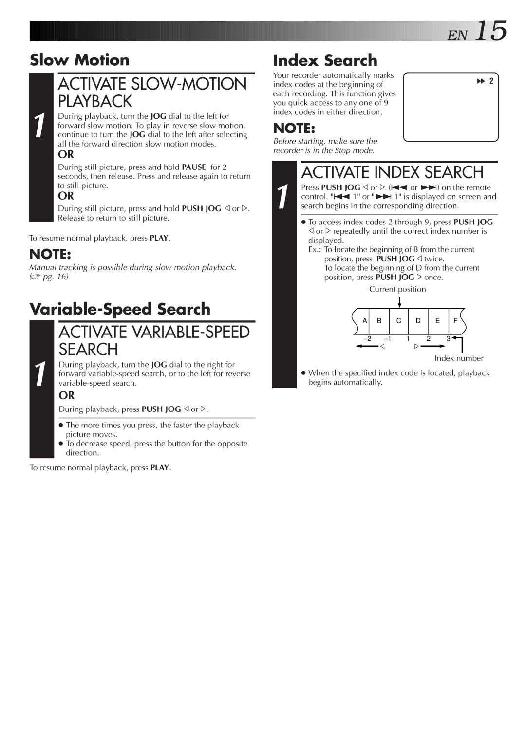 JVC HR-S5800AM, LPT0598-001A, 0701MNV*ID*PJ specifications Activate Index Search, Slow Motion, Variable-Speed Search 