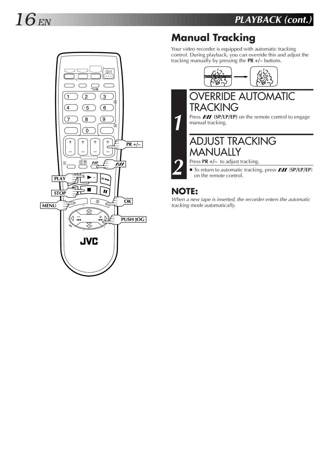 JVC LPT0598-001A, HR-S5800AM, 0701MNV*ID*PJ specifications Override Automatic, Adjust Tracking, Manually, EN Playback 