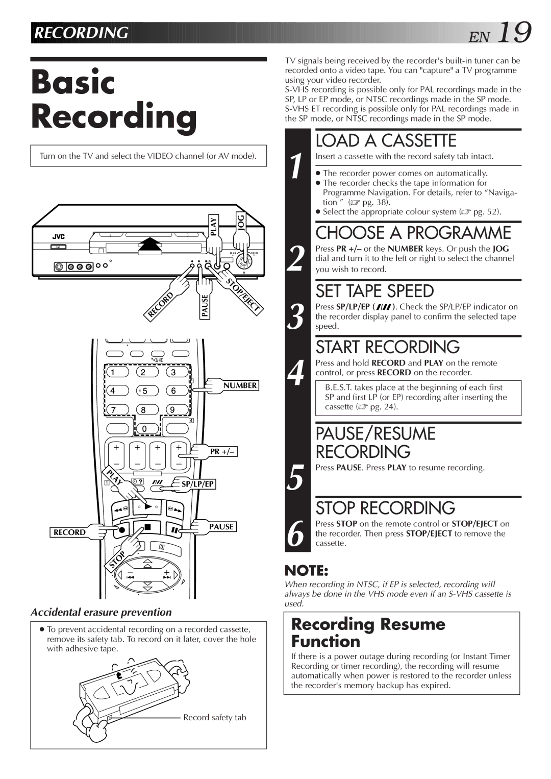 JVC LPT0598-001A, HR-S5800AM, 0701MNV*ID*PJ specifications Basic Recording 