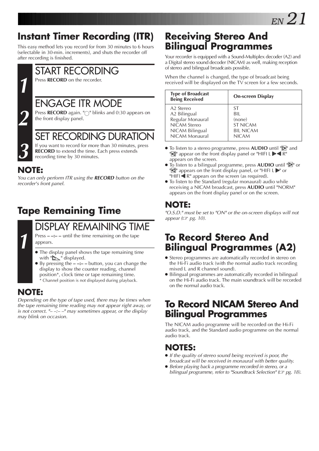 JVC HR-S5800AM, LPT0598-001A, 0701MNV*ID*PJ specifications Engage ITR Mode, SET Recording Duration, Display Remaining Time 