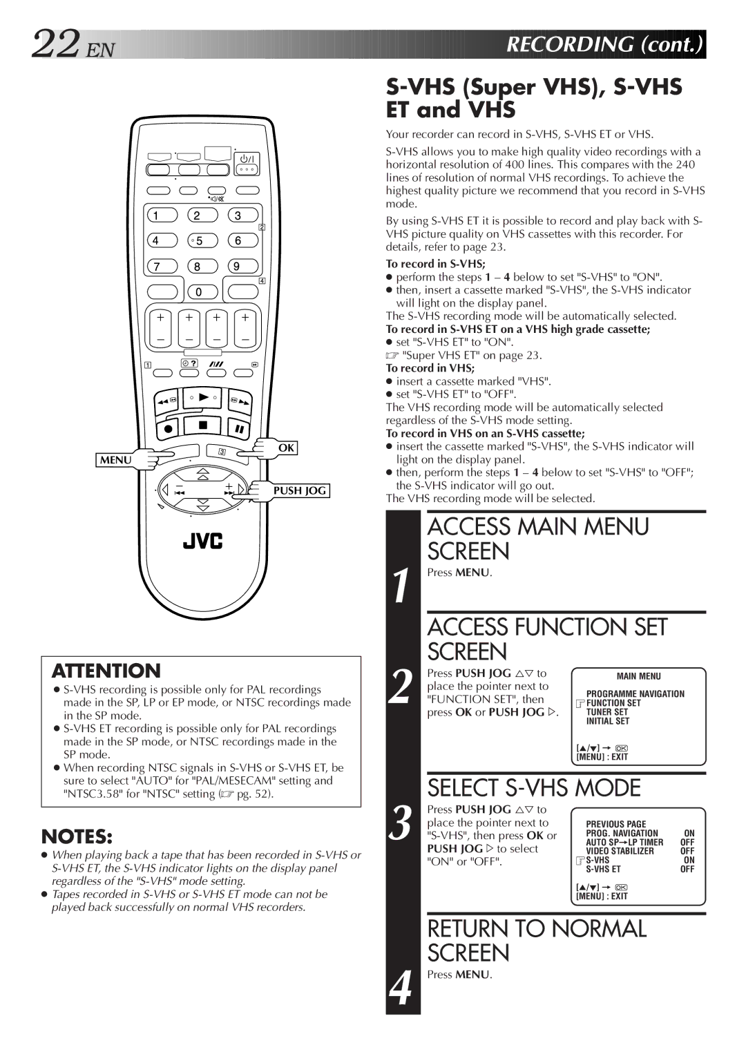 JVC LPT0598-001A, HR-S5800AM, 0701MNV*ID*PJ specifications Select S-VHS Mode, VHS Super VHS, S-VHS ET and VHS 