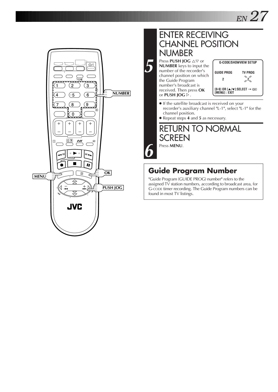 JVC HR-S5800AM Enter Receiving Channel Position Number, Return to Normal Screen, Press Push JOG %Þ or, Or Push JOG% 