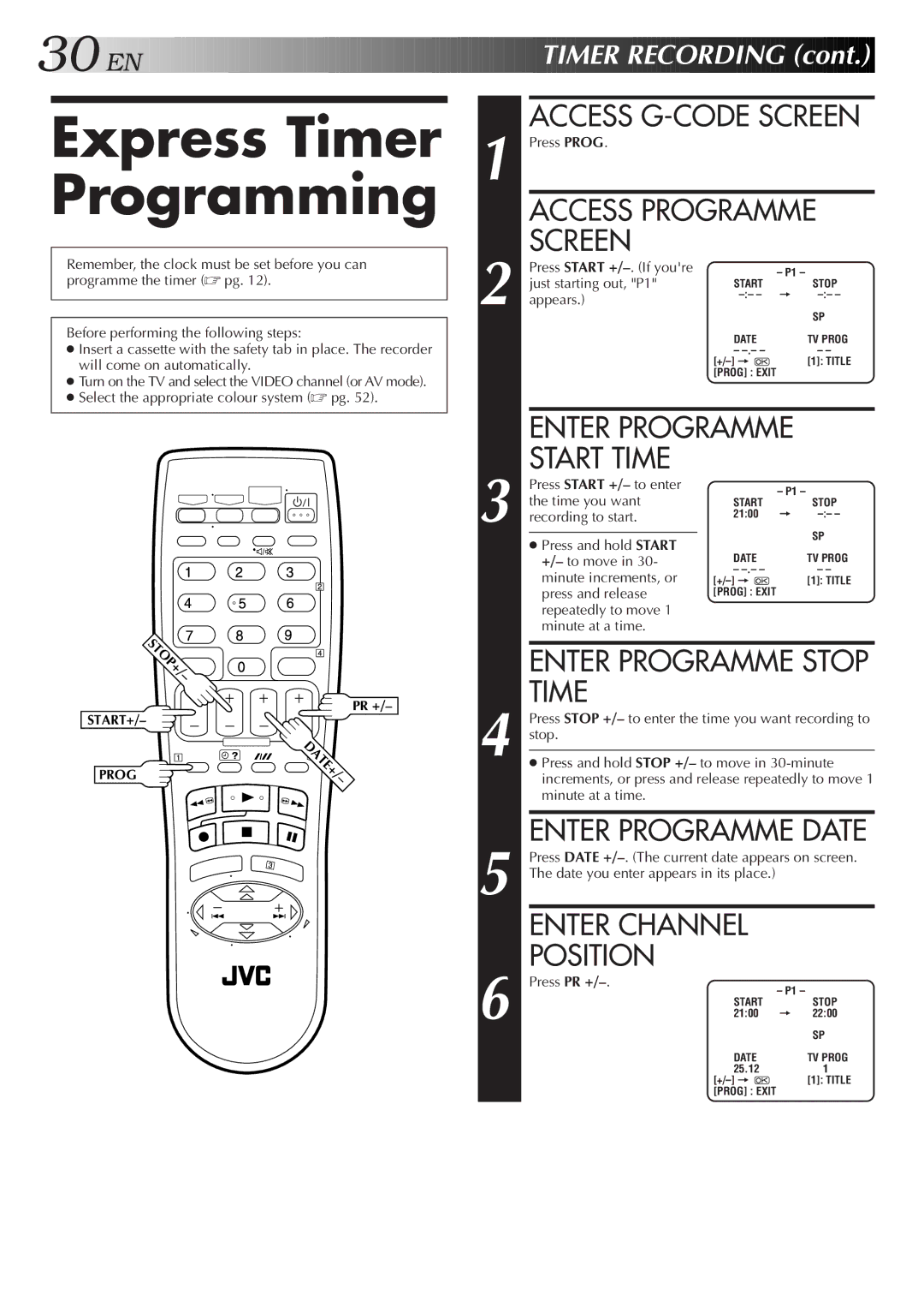 JVC HR-S5800AM Express Timer Programming, Access G-CODE Screen, Enter Programme Stop Time, Enter Programme Date 