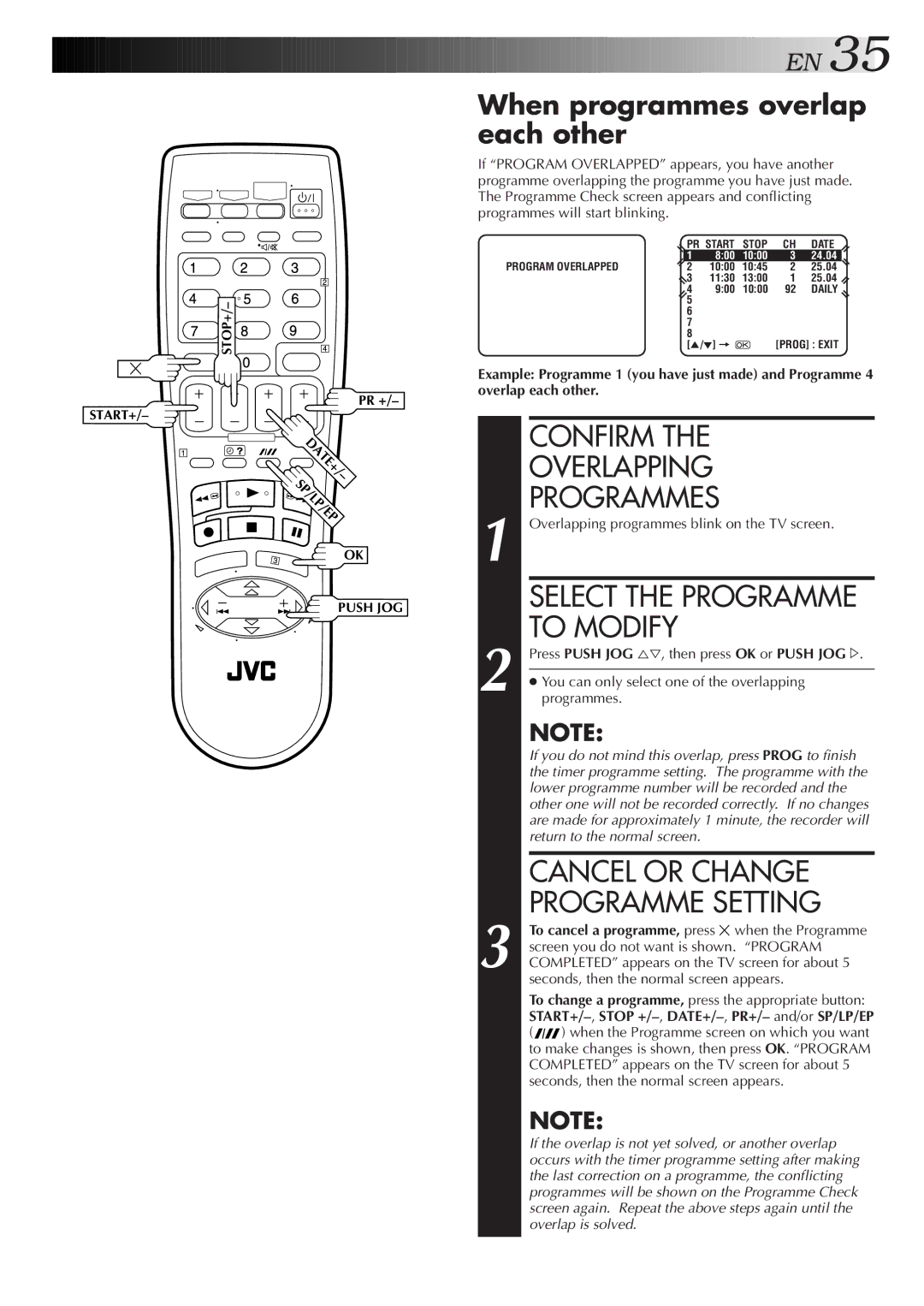 JVC 0701MNV*ID*PJ, HR-S5800AM Confirm, Overlapping, Programmes, To Modify, Cancel or Change, Programme Setting 