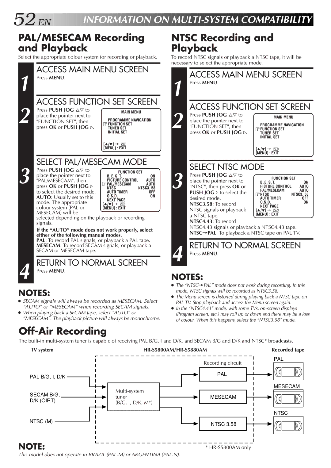 JVC LPT0598-001A, HR-S5800AM, 0701MNV*ID*PJ PAL/MESECAM Recording and Playback, Ntsc Recording Playback, Off-Air Recording 