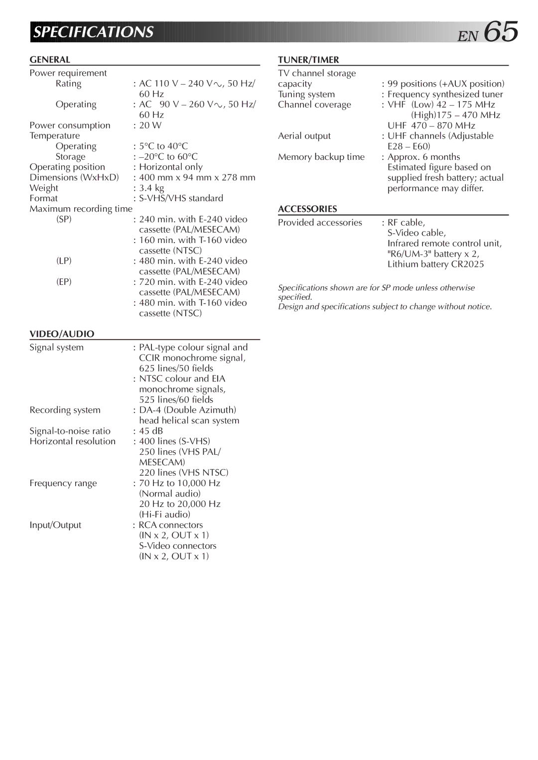 JVC 0701MNV*ID*PJ, HR-S5800AM, LPT0598-001A specifications Speci Fications EN 