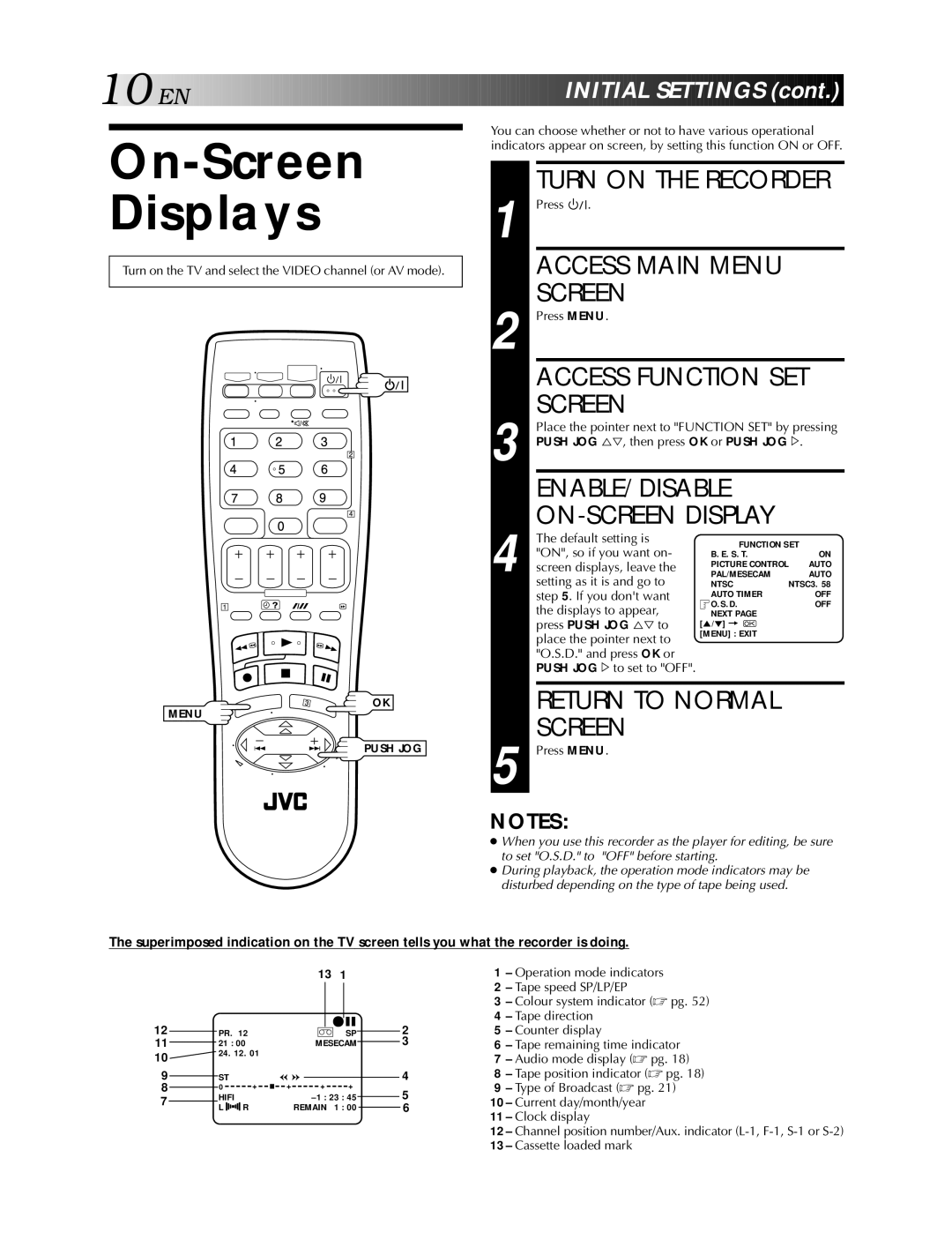 JVC HR-S5900AM On-Screen Displays, Turn on the Recorder, Access Main Menu Screen, Enable/Disable, Initial Settings 