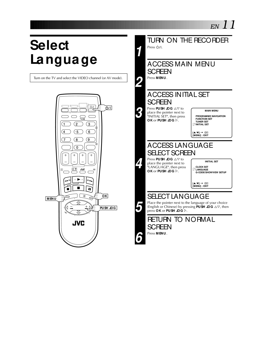 JVC HR-S5990AM, HR-S5900AM specifications Select Language, Access Initial SET Screen, OK or Push JOG # 