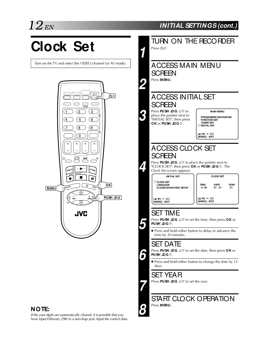 JVC HR-S5900AM, HR-S5990AM Clock Set, Access Clock SET Screen, Start Clock Operation, Place the pointer next to 