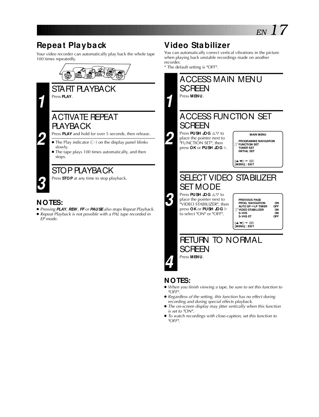 JVC HR-S5990AM, HR-S5900AM Activate Repeat, Playback, Access Main Menu Screen, SET Mode, Return to Normal Screen 