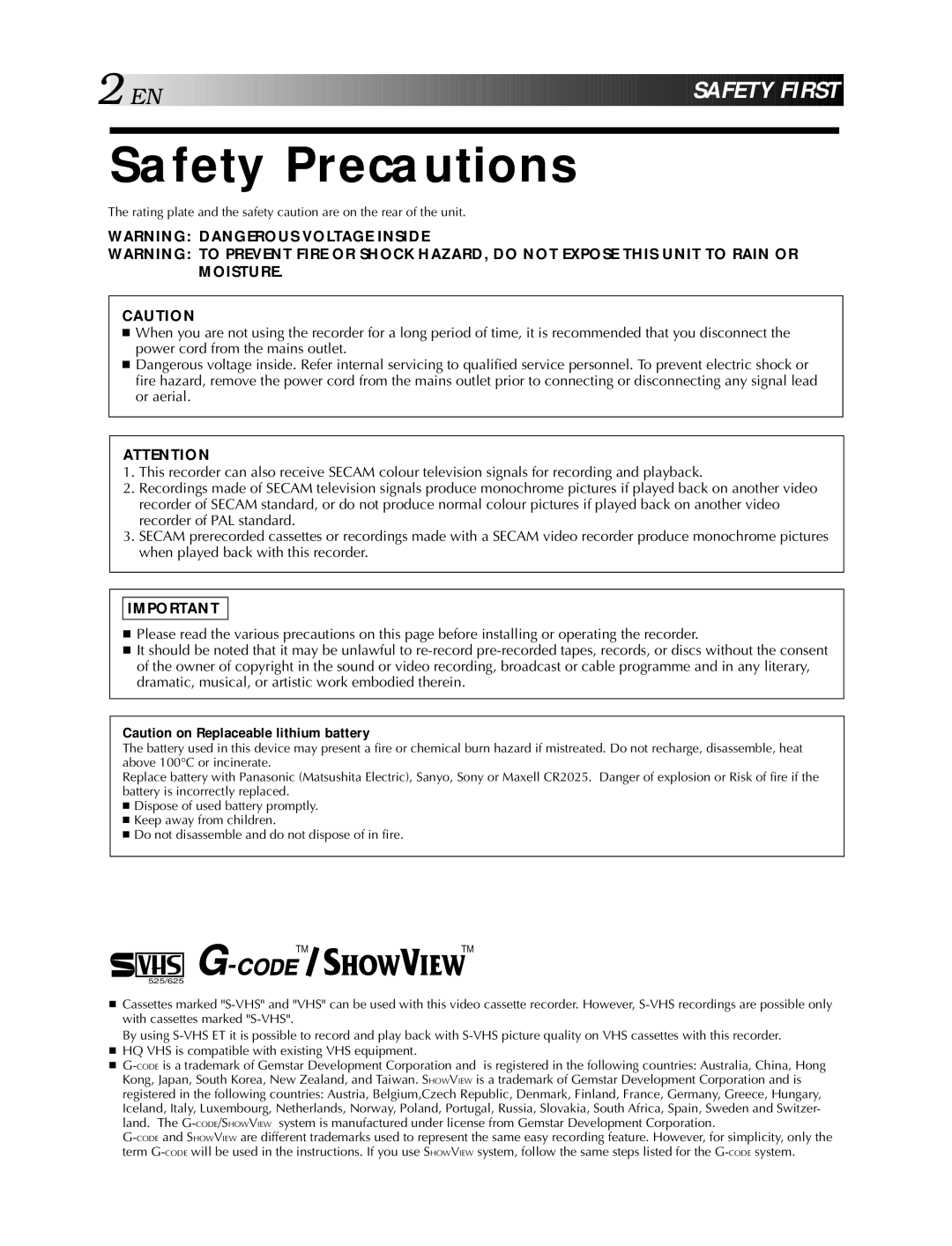 JVC HR-S5900AM, HR-S5990AM specifications Safety Precautions 