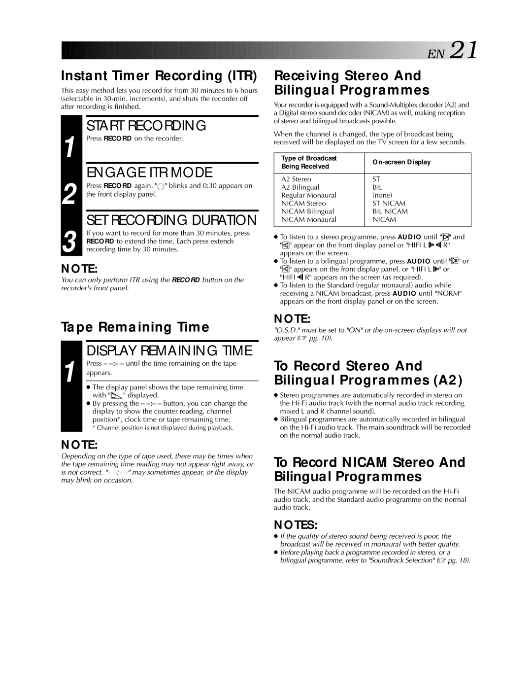 JVC HR-S5990AM, HR-S5900AM specifications Engage ITR Mode, SET Recording Duration, Display Remaining Time 