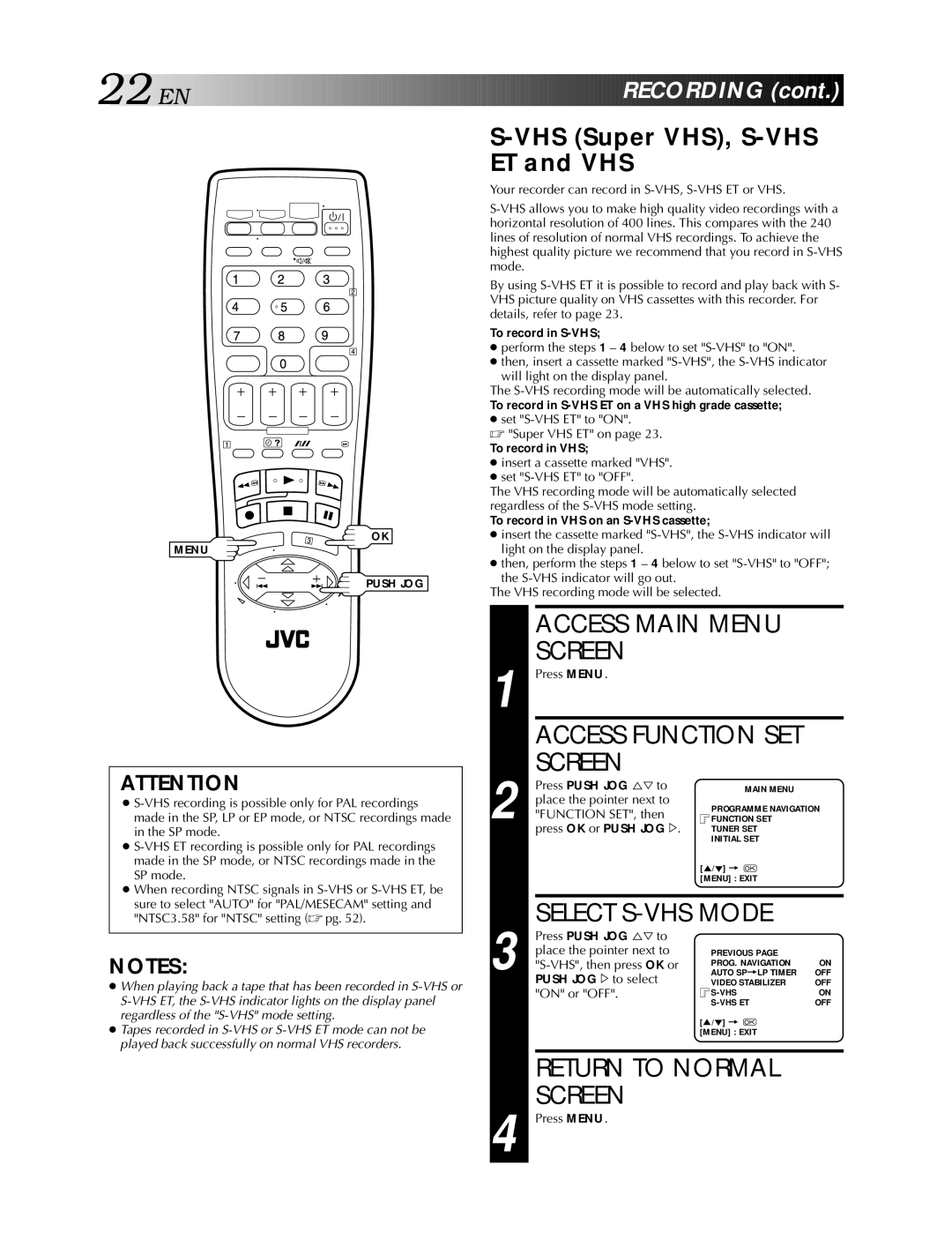 JVC HR-S5900AM, HR-S5990AM specifications Select S-VHS Mode, VHS Super VHS, S-VHS ET and VHS, Push JOG 