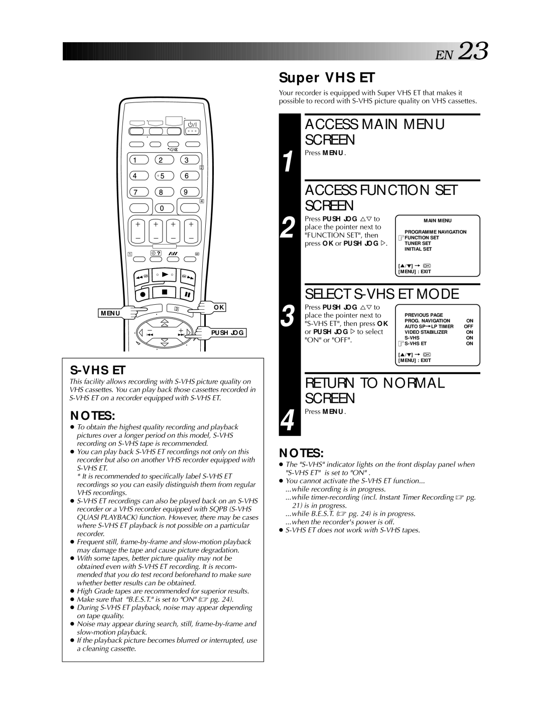 JVC HR-S5990AM, HR-S5900AM specifications Access Main Menu, Return to Normal, Super VHS ET, Then press OK, VHS ET To select 