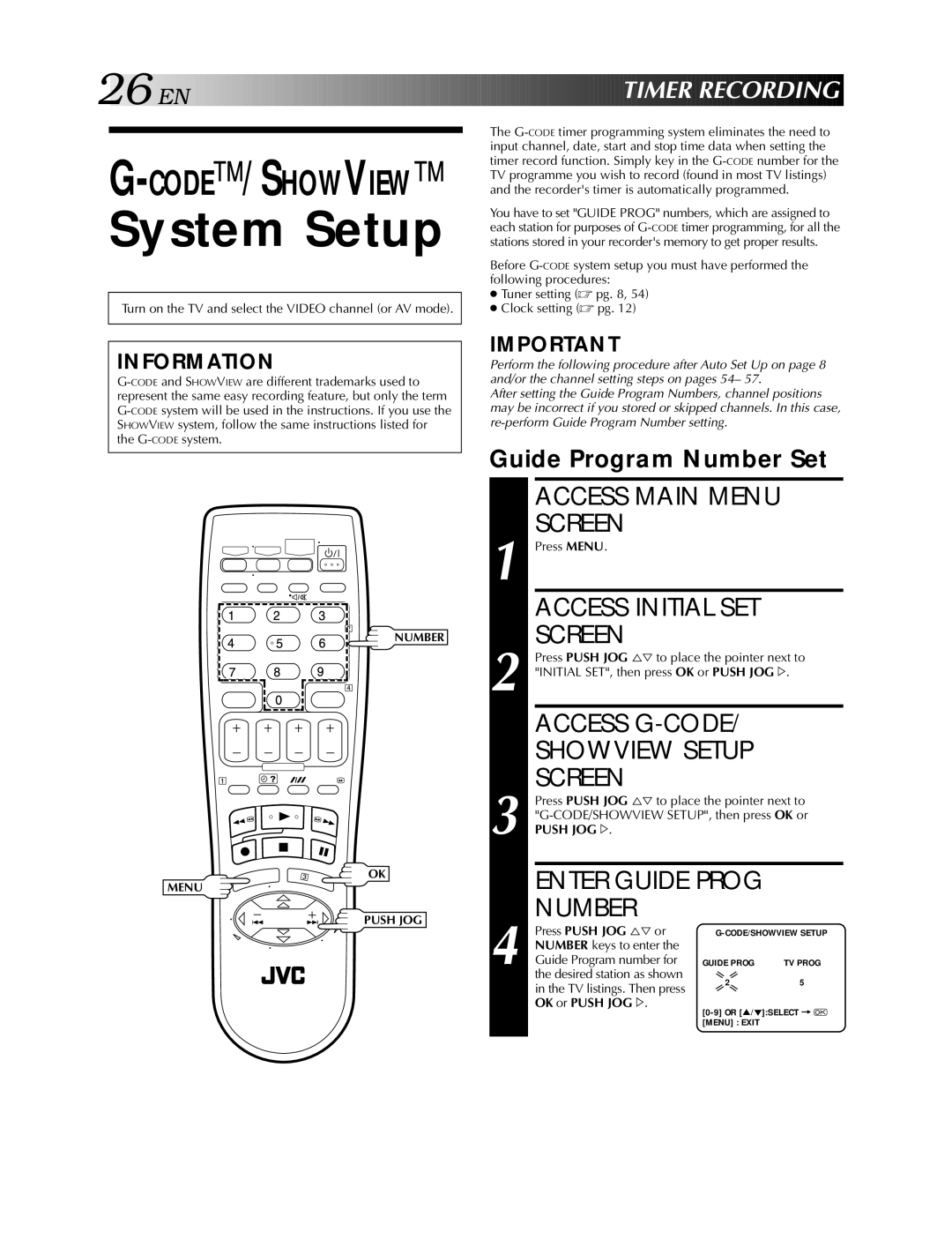 JVC HR-S5900AM System Setup, Access G-CODE Showview Setup Screen, EN Timer Recording, Guide Program Number Set 