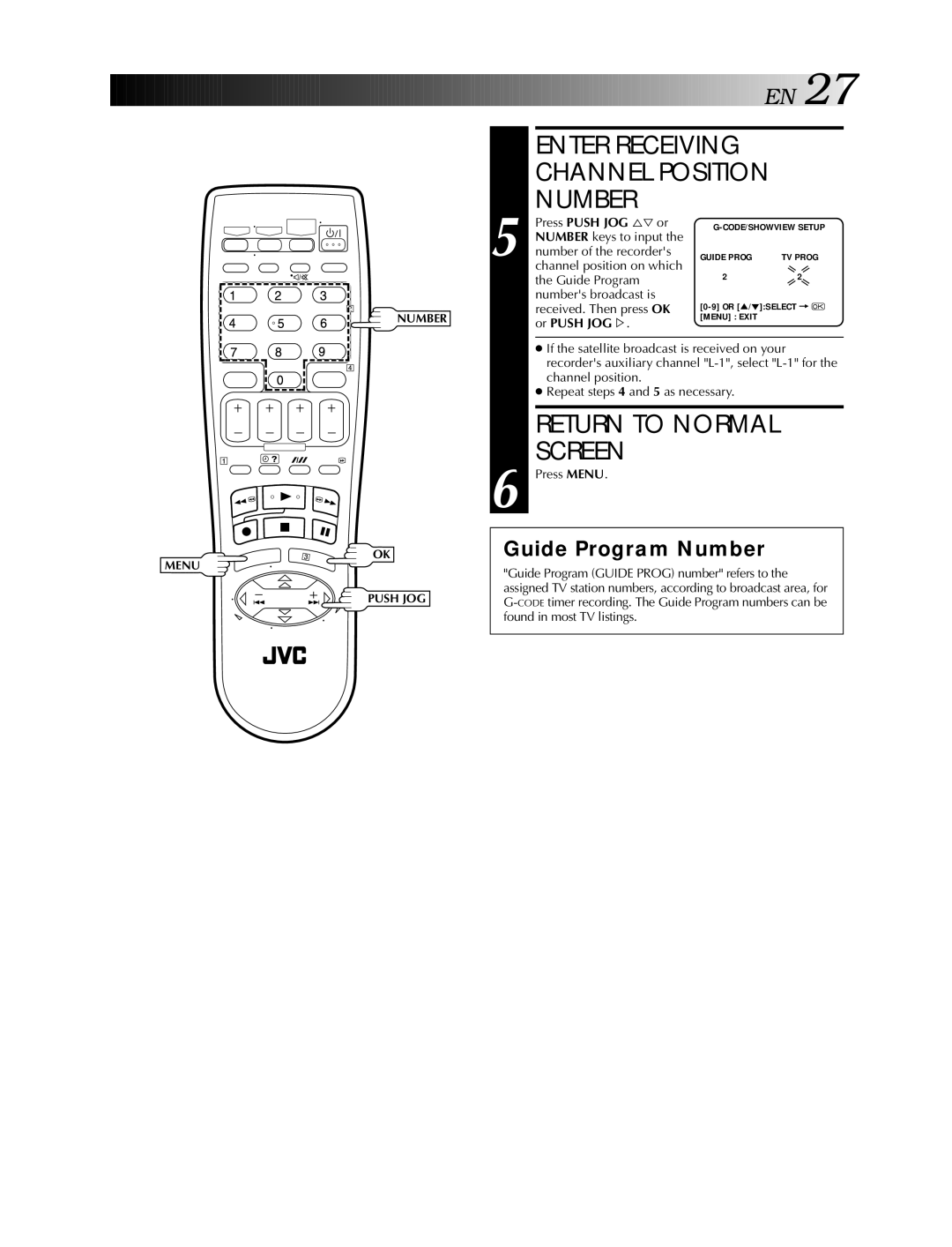 JVC HR-S5990AM Enter Receiving Channel Position Number, Return to Normal Screen, Received. Then press OK, Or Push JOG % 