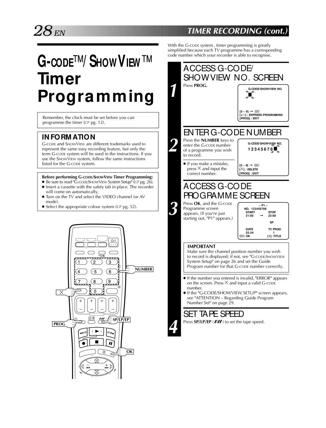 JVC HR-S5900AM, HR-S5990AM specifications Timer Programming, Enter G-CODE Number, Access G-CODE Programme Screen 