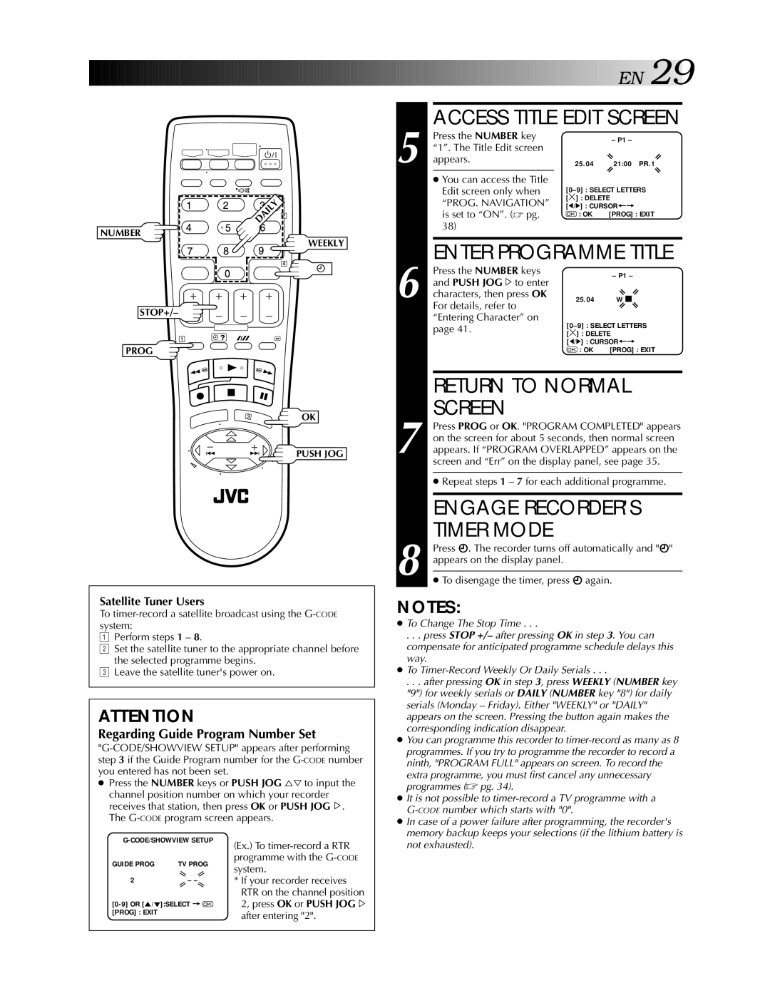 JVC HR-S5990AM, HR-S5900AM specifications Access Title Edit Screen, Engage Recorders Timer Mode 