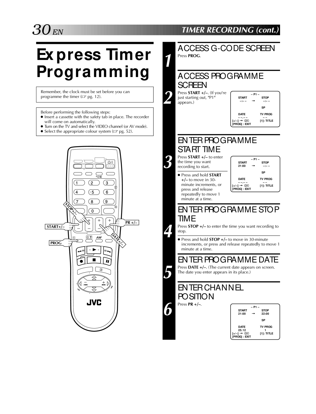 JVC HR-S5900AM Express Timer Programming, Access G-CODE Screen, Enter Programme Stop Time, Enter Programme Date 