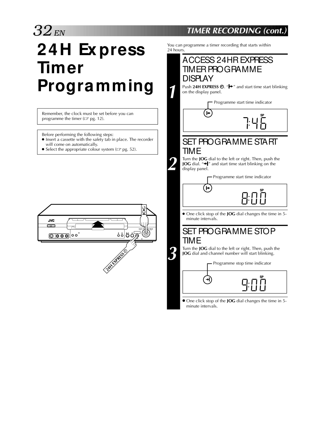 JVC HR-S5900AM 24H Express Timer Programming, Access 24HR Express Timer Programme Display, SET Programme Start Time, Jog 