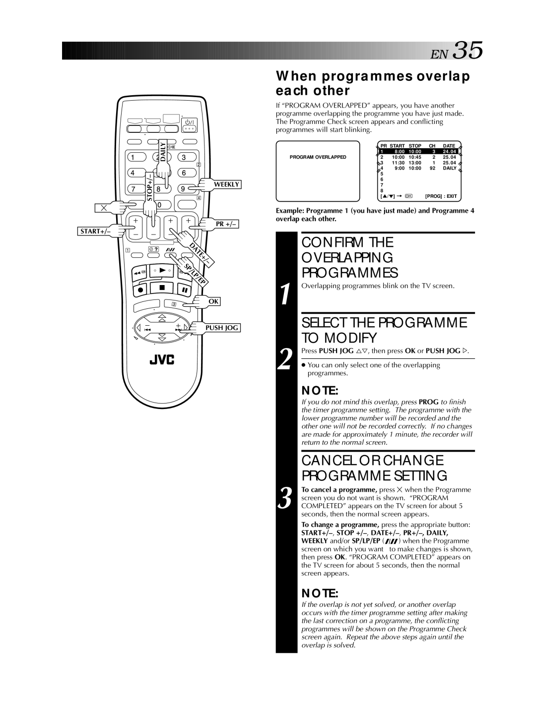 JVC HR-S5990AM Confirm Overlapping Programmes, Cancel or Change Programme Setting, When programmes overlap each other 