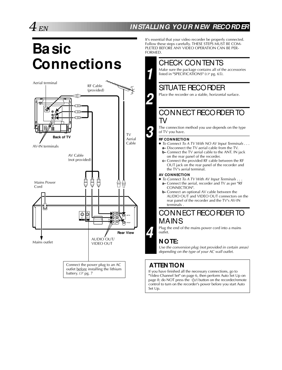 JVC HR-S5900AM, HR-S5990AM specifications Basic Connections, Check Contents, Situate Recorder, Connect Recorder to Mains 