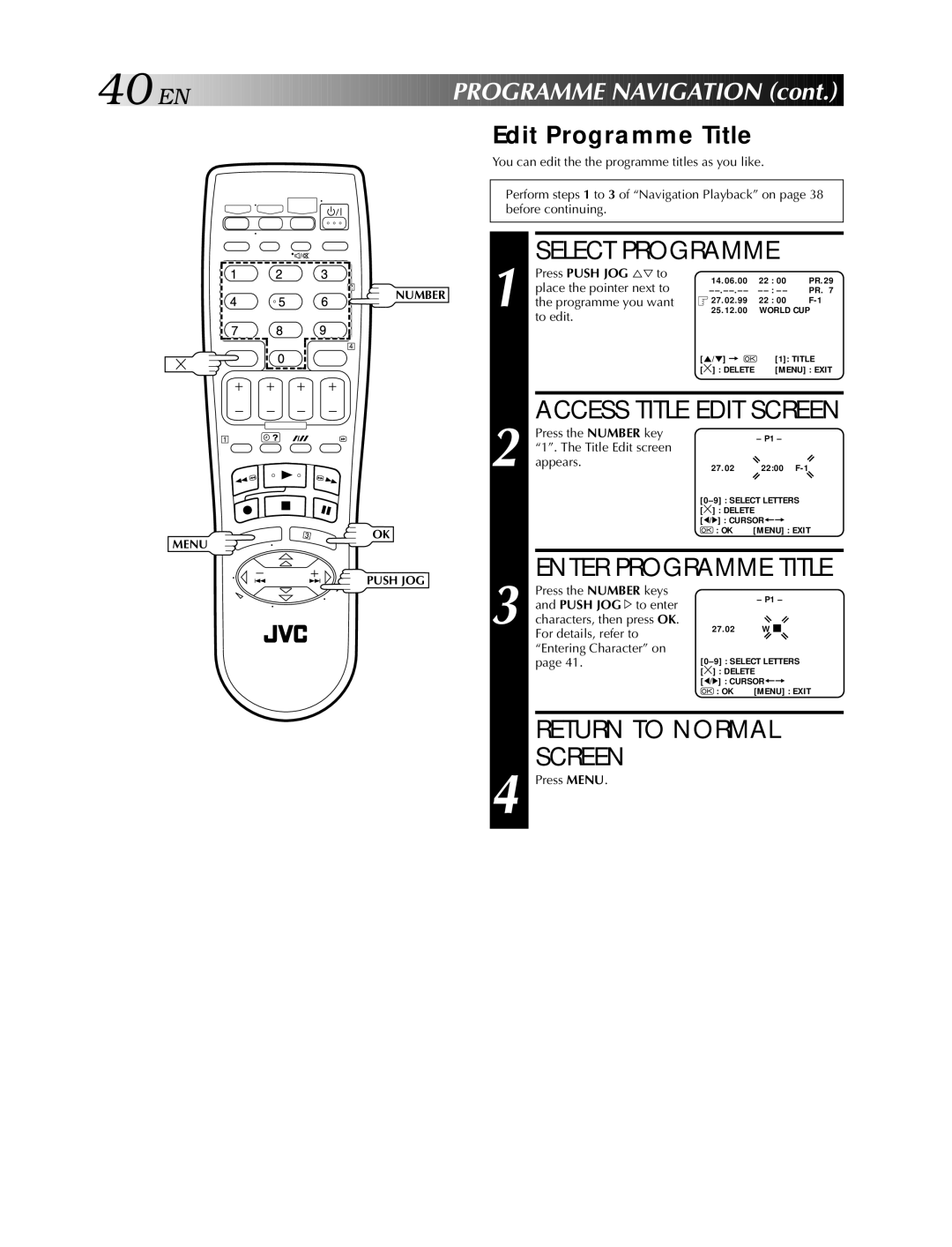 JVC HR-S5900AM, HR-S5990AM specifications Edit Programme Title, Place the pointer next to Programme you want, To edit 