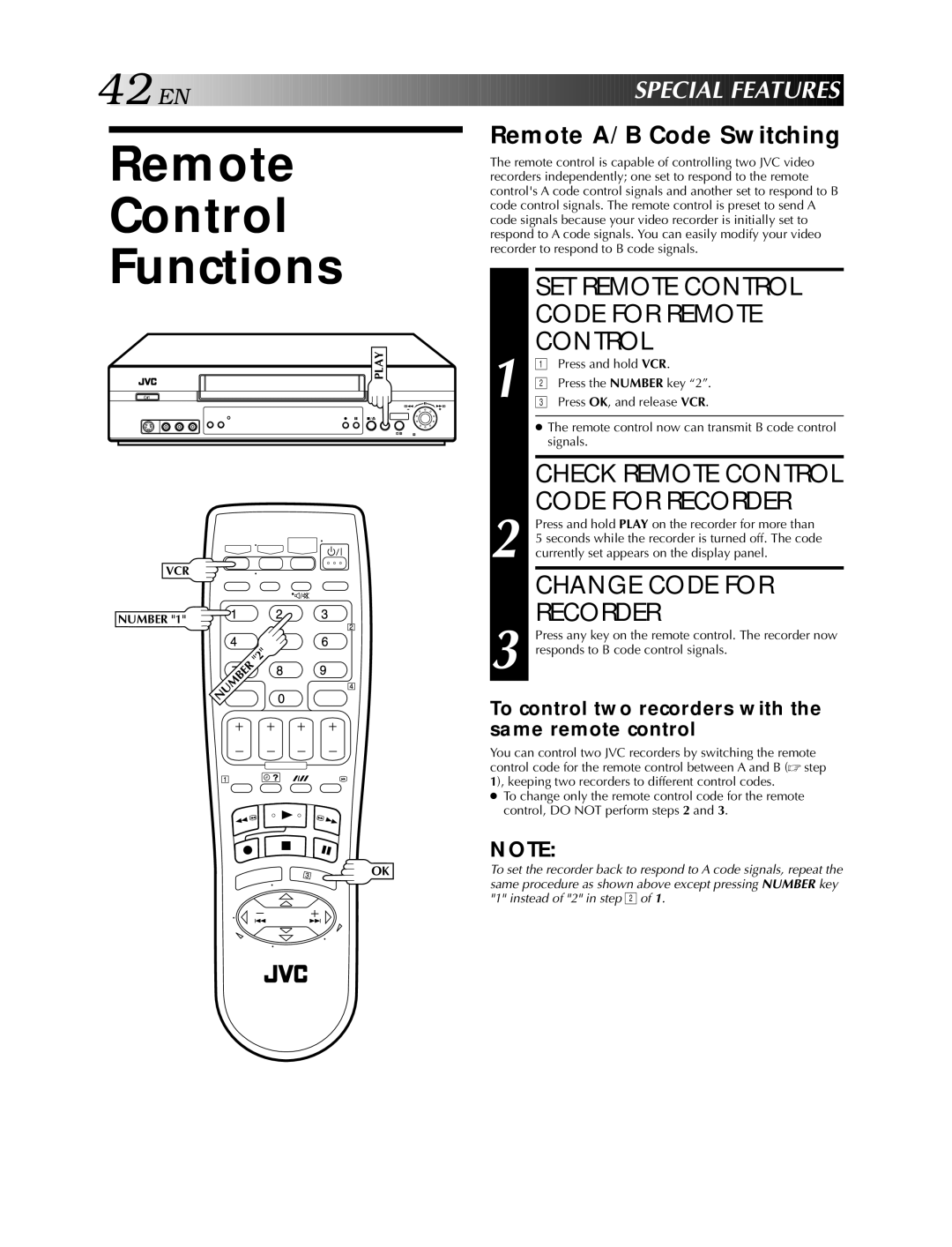 JVC HR-S5900AM Remote Control Functions, SET Remote Control Code for Remote, Change Code for Recorder, EN Special Features 