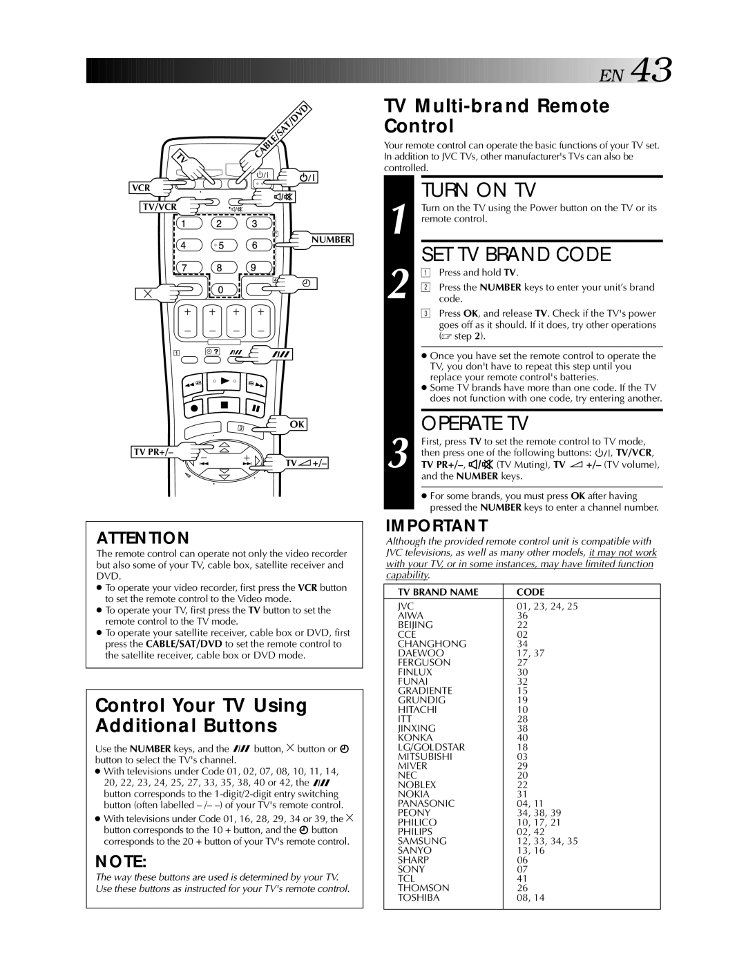 JVC HR-S5990AM, HR-S5900AM specifications Turn on TV, SET TV Brand Code, Operate TV, TV Multi-brand Remote Control 