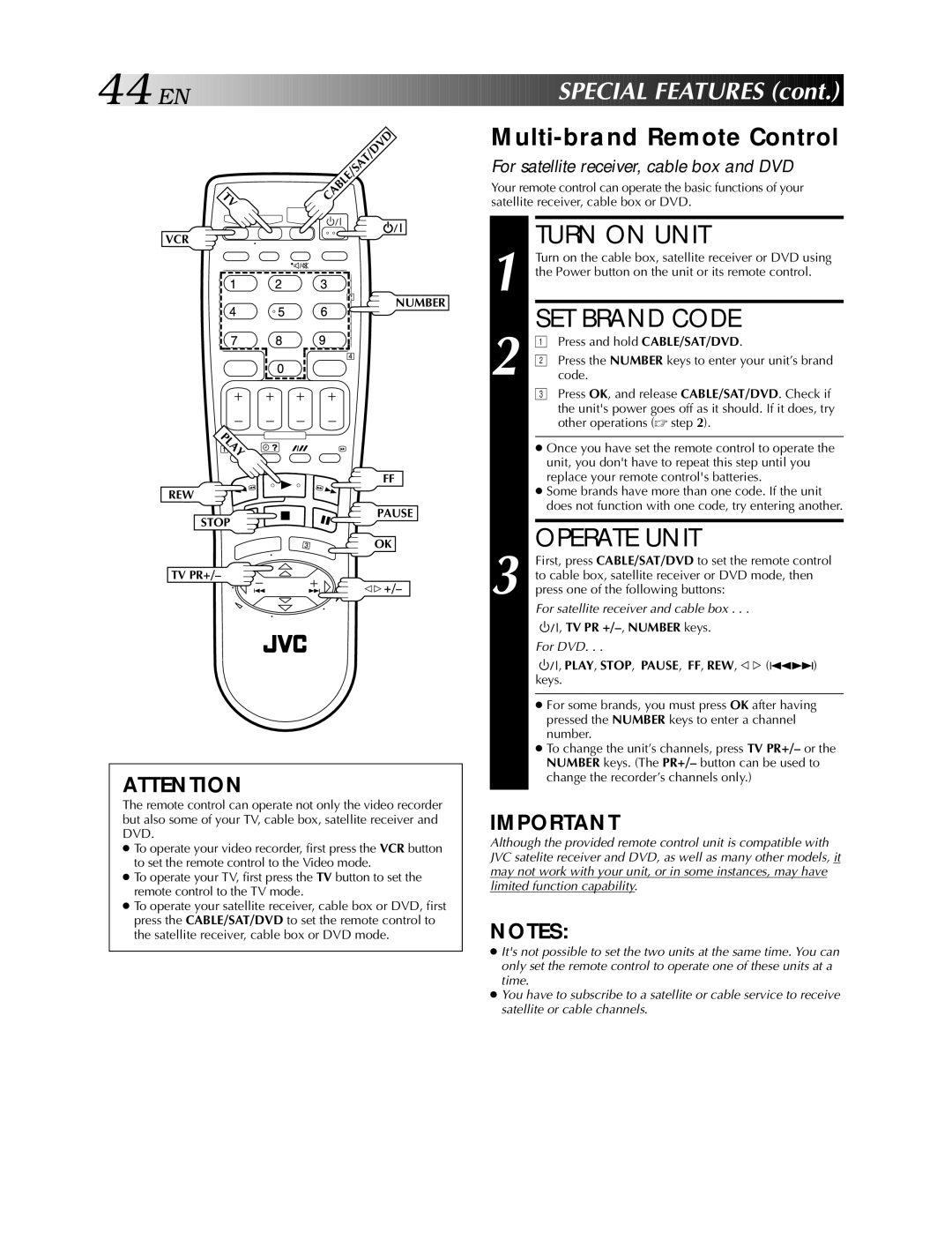 JVC HR-S5900AM, HR-S5990AM Turn on Unit, SET Brand Code, Operate Unit, Special Features, Multi-brand Remote Control 