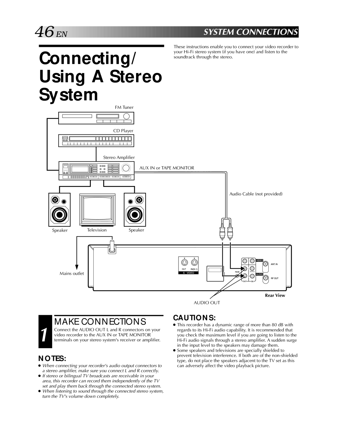 JVC HR-S5900AM, HR-S5990AM specifications Connecting Using a Stereo System, Make Connections, AUX in or Tape Monitor Speaker 