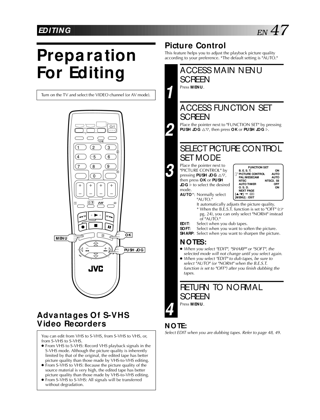 JVC HR-S5990AM Preparation For Editing, Access Main Nenu Screen, Advantages Of S-VHS Video Recorders, Picture Control 