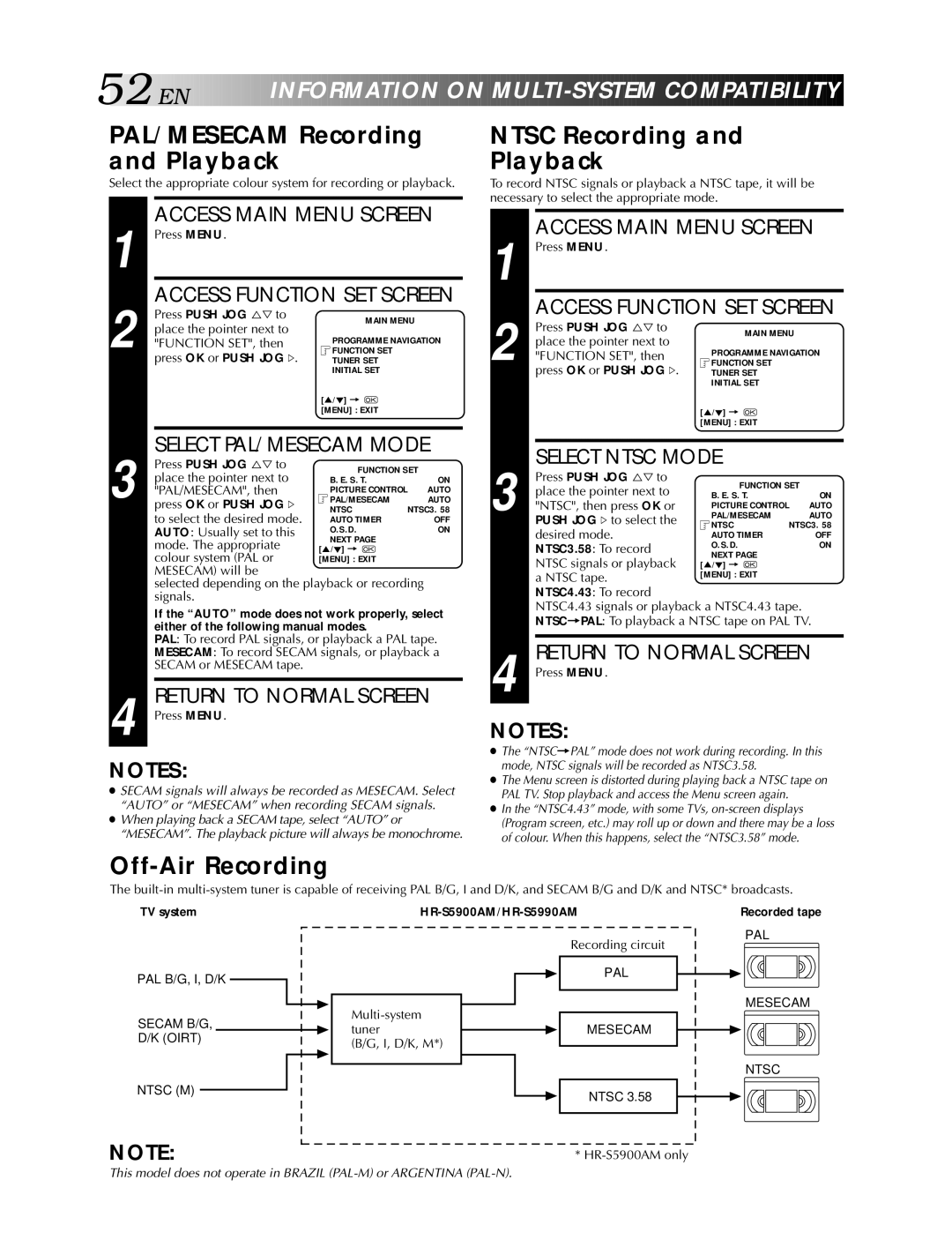 JVC HR-S5900AM, HR-S5990AM specifications PAL/MESECAM Recording and Playback, Ntsc Recording Playback, Off-Air Recording 