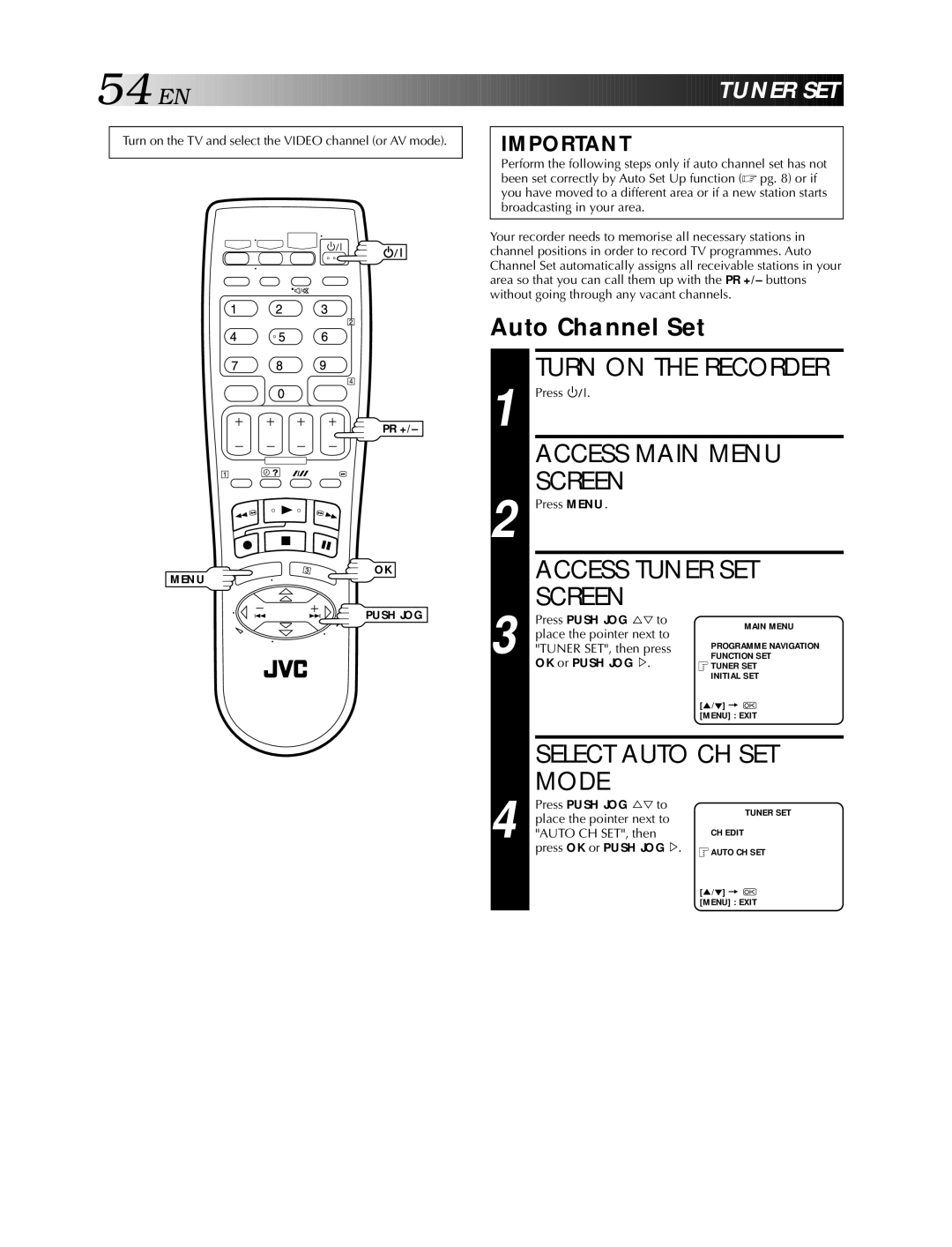 JVC HR-S5900AM, HR-S5990AM specifications Access Tuner SET, Select Auto CH SET, Mode, Auto Channel Set 