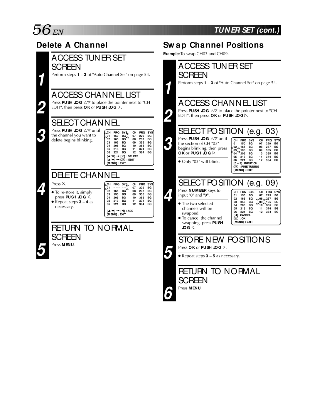 JVC HR-S5900AM, HR-S5990AM specifications Access Channel List, EN Tuner SET, Delete a Channel, Swap Channel Positions 