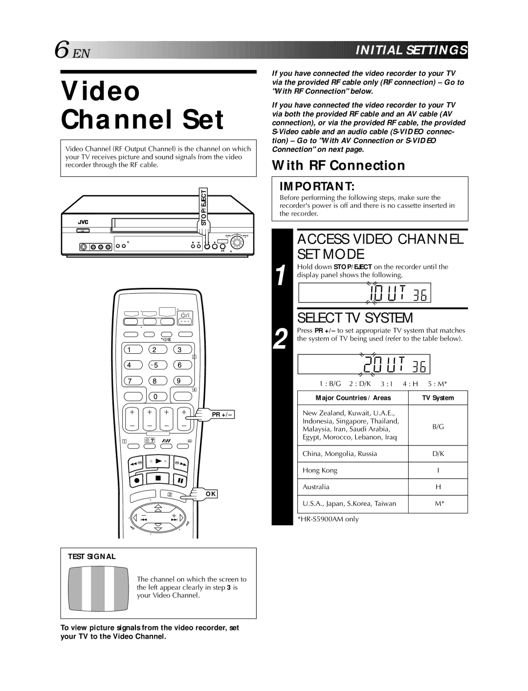 JVC HR-S5900AM Video Channel Set, Access Video Channel SET Mode, Select TV System, EN Initial Settings, With RF Connection 