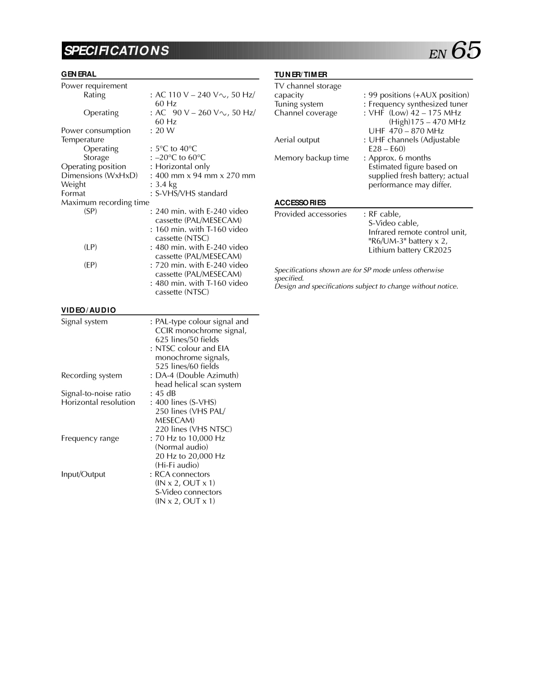 JVC HR-S5990AM, HR-S5900AM specifications Specifications EN 