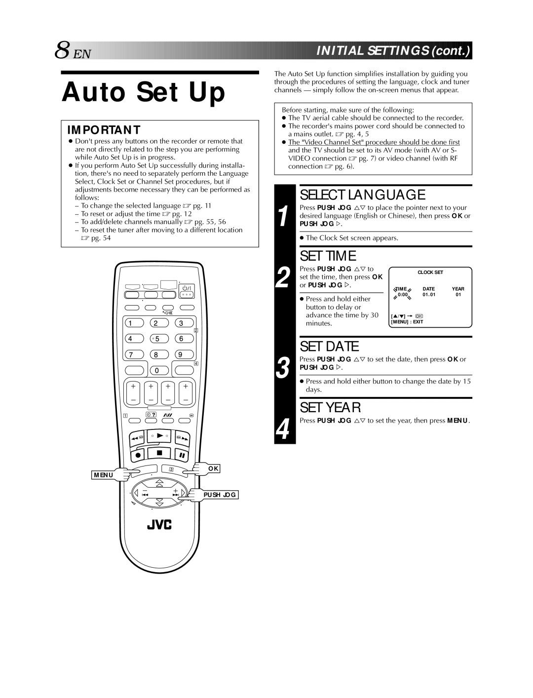 JVC HR-S5900AM, HR-S5990AM specifications Auto Set Up, Select Language, SET Time, SET Date, SET Year 