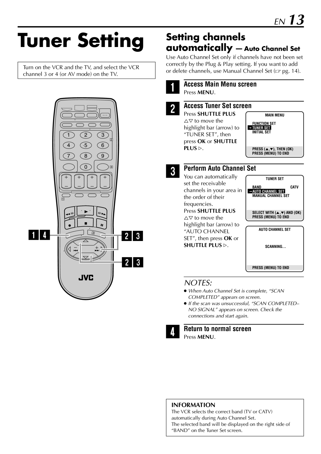 JVC HR-5910U, HR-S5900U Tuner Setting, Access Tuner Set screen, Perform Auto Channel Set, Automatically Auto Channel Set 