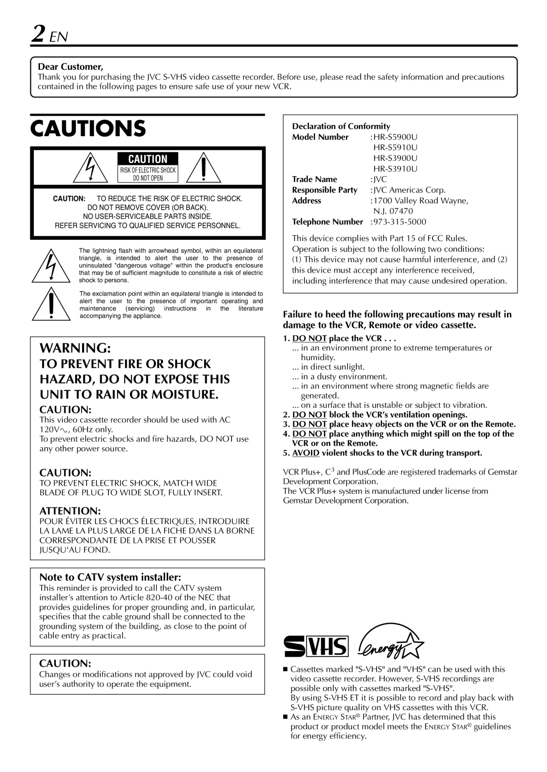 JVC HR-S5900U, HR-5910U manual Dear Customer, Address 