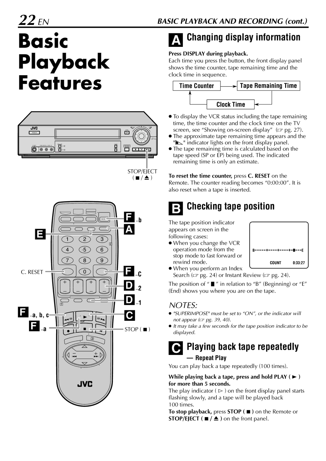 JVC HR-S5900U, HR-5910U manual Basic Playback Features, 22 EN, Changing display information, Checking tape position 