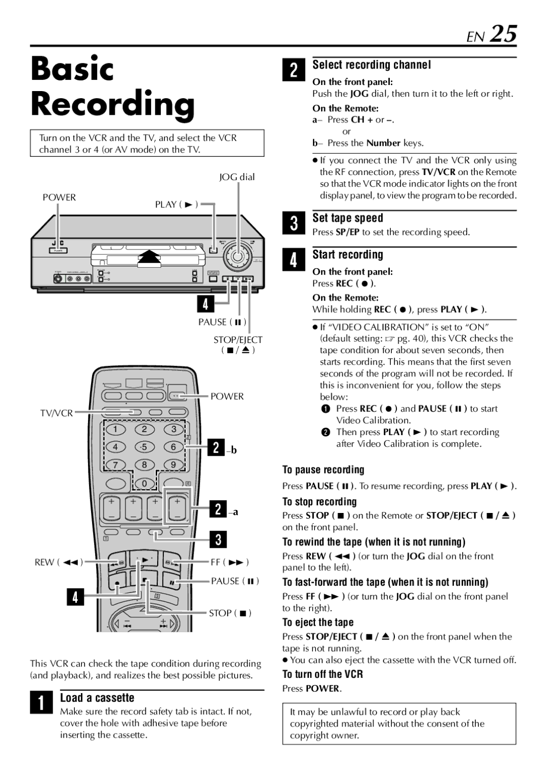 JVC HR-5910U, HR-S5900U manual Basic Recording, Select recording channel, Set tape speed, Start recording 