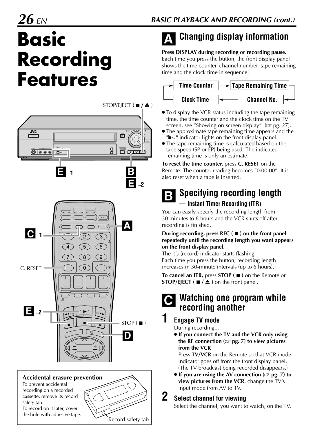 JVC HR-S5900U Basic Recording Features, 26 EN, Specifying recording length, Watching one program while, Recording another 